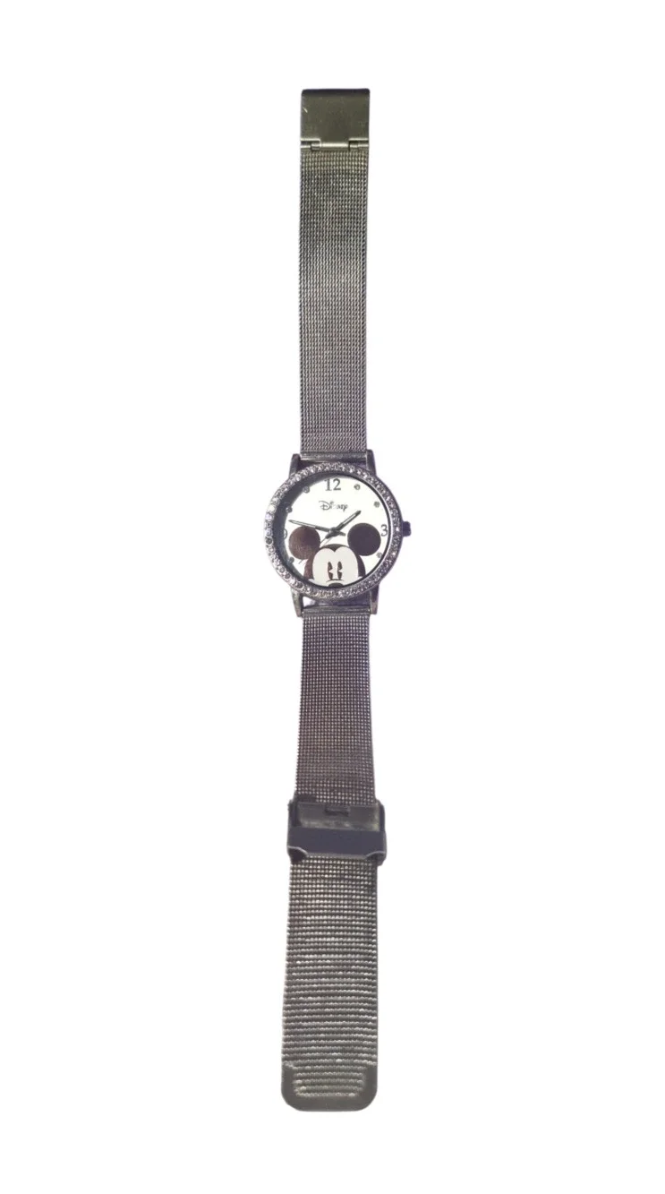 Disney Mickey Mouse Women's Analog Rhinestone Bezel Silver Mesh Strap Watch